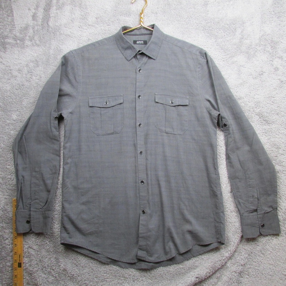 Alfani Shirt Mens Medium Gray Solid Long‎ Sleeve Button Front Pockets Casual